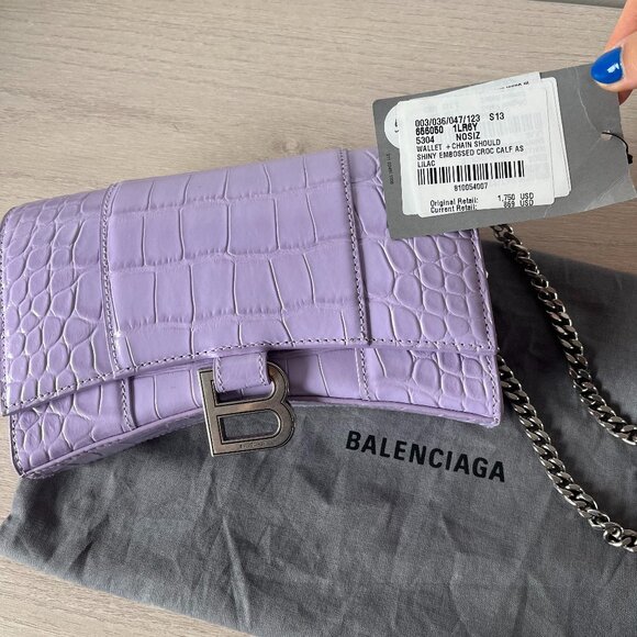 NWT Balenciaga Hourglass Wallet On Chain Shoulder Bag Lilac Shiny Embossed Croc - Picture 4 of 9